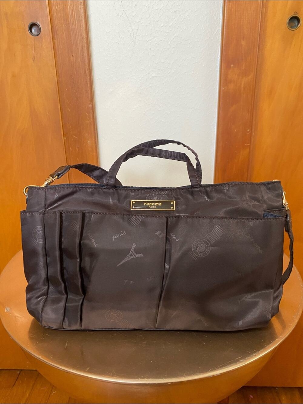 Renoma Paris Purple Brown Nylon Small Tote Strap & Top Handles Gold Eiffel 9x6x3